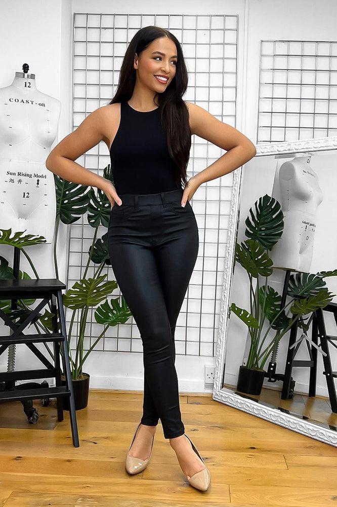 Ellie High Waisted Faux Leather Trousers in Black  ikrush