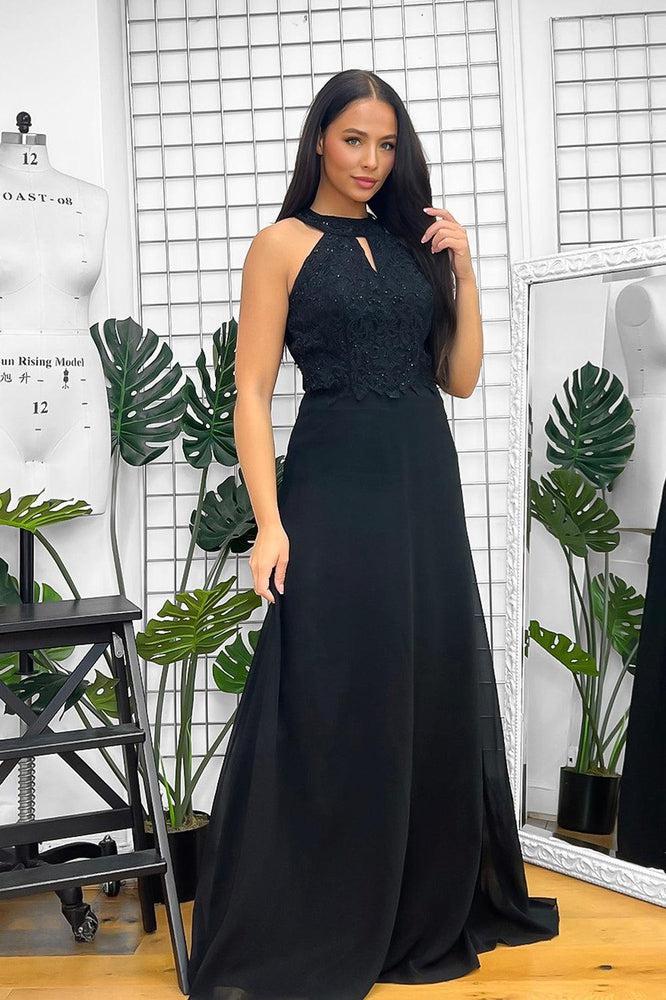 Black Beaded Lace Halter Neck Maxi Dress-SinglePrice