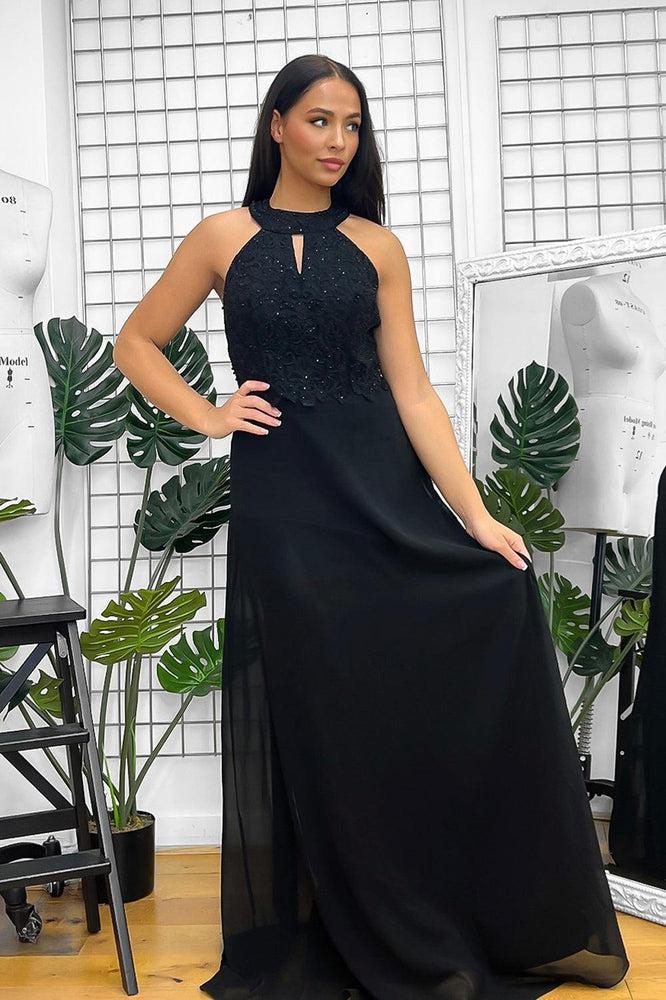 Black Beaded Lace Halter Neck Maxi Dress-SinglePrice