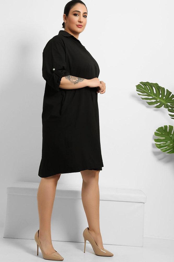 Side Pockets Cotton Shirt Dress-SinglePrice