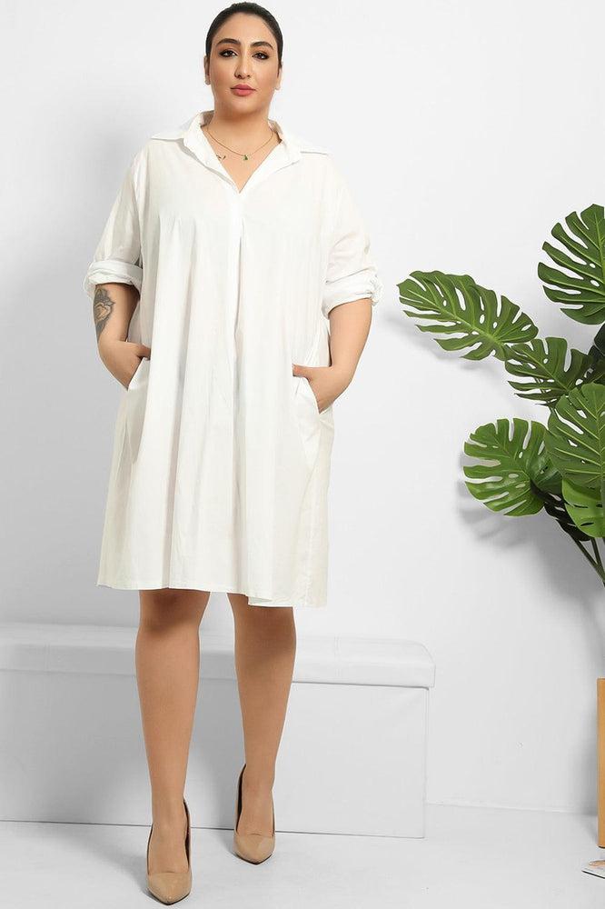 Side Pockets Cotton Shirt Dress-SinglePrice