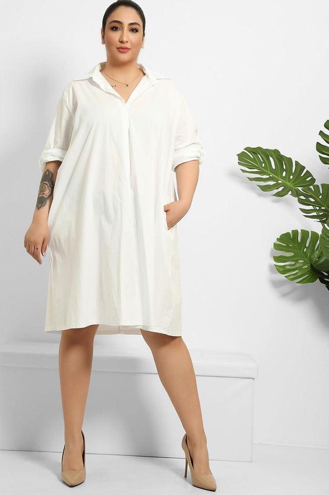 Side Pockets Cotton Shirt Dress-SinglePrice