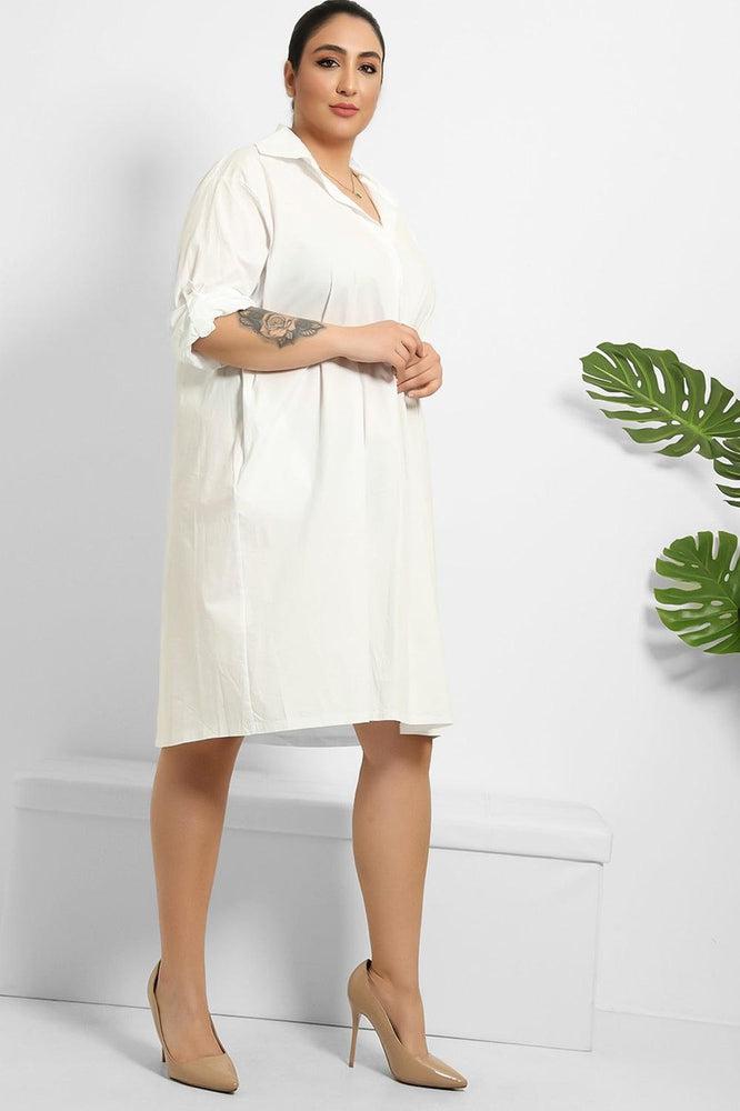 Side Pockets Cotton Shirt Dress-SinglePrice