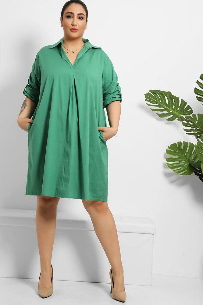 Side Pockets Cotton Shirt Dress-SinglePrice