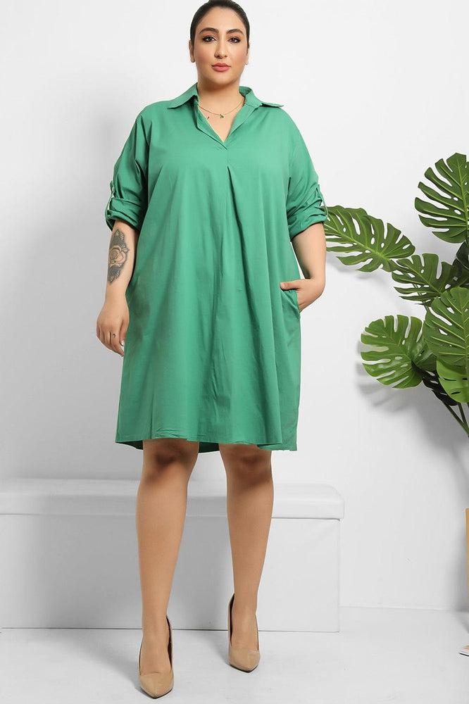 Side Pockets Cotton Shirt Dress-SinglePrice