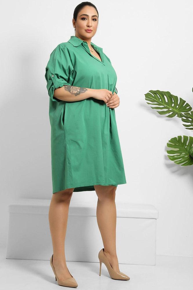 Side Pockets Cotton Shirt Dress-SinglePrice