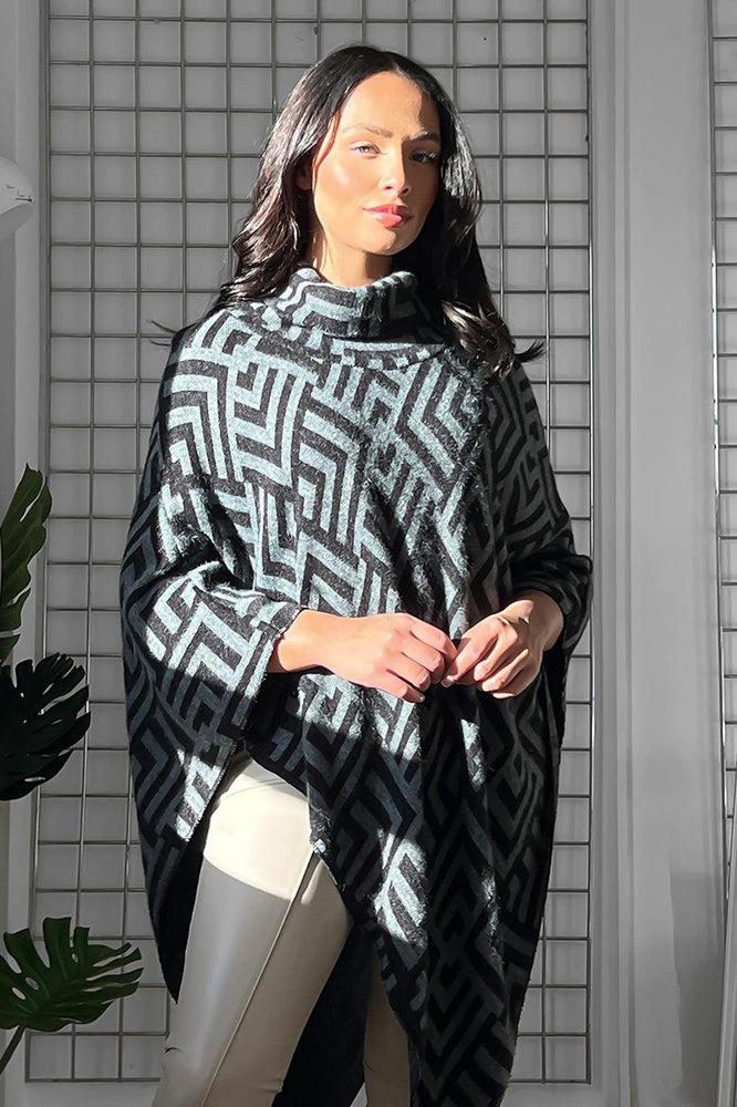 Chevron Pattern High Neck Poncho-SinglePrice