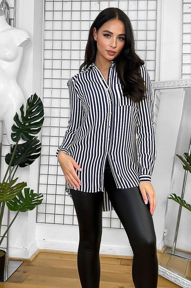 Navy Ivory Vertical Stripe Chiffon Shirt Blouse-SinglePrice