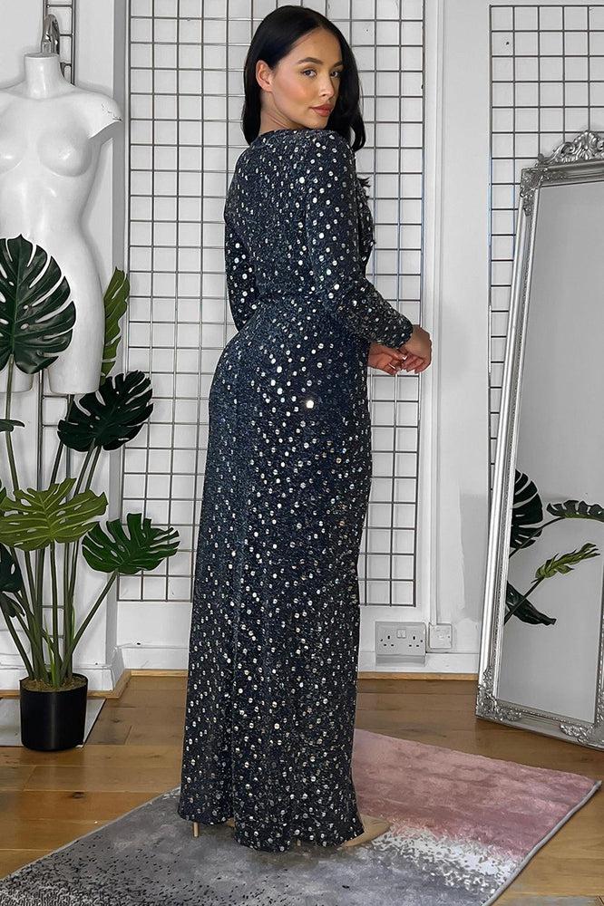 Black Glitter Faux Wrap High Split Maxi Dress-SinglePrice