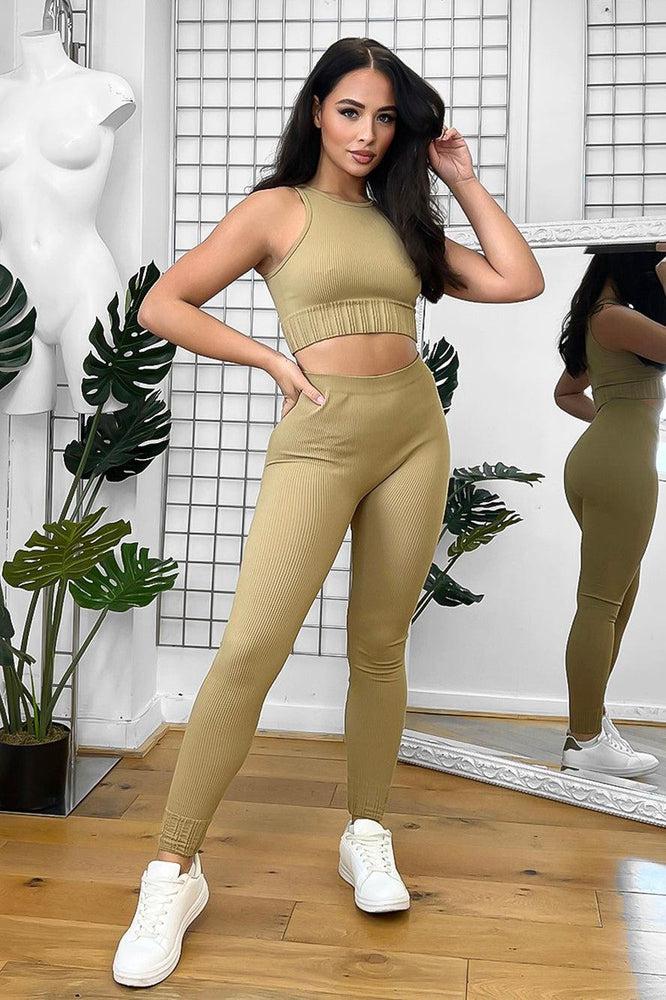 Ribbed Finish Cropped Sleeveless Top And Leggings Set-SinglePrice