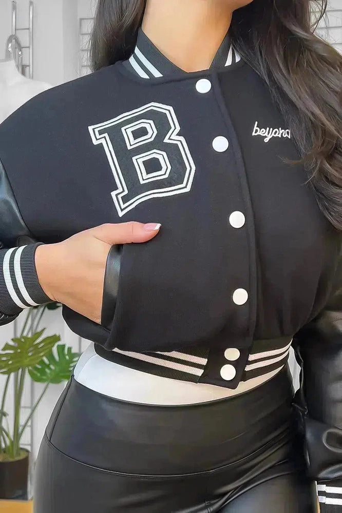 Vegan Leather Sleeves Cropped Varsity Jacket-SinglePrice