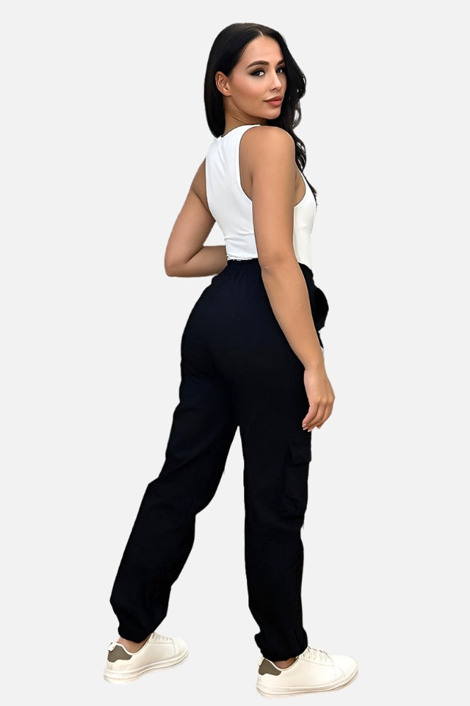 Utility Pockets Elastic Waist And Cuffs Cargo Trousers-SinglePrice