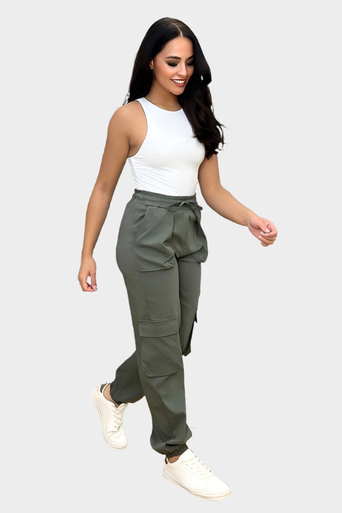 Utility Pockets Elastic Waist And Cuffs Cargo Trousers-SinglePrice