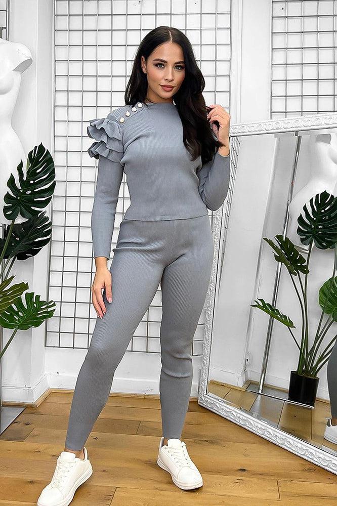 Buttons And Frilled Shoulders Ribbed Knit Set-SinglePrice