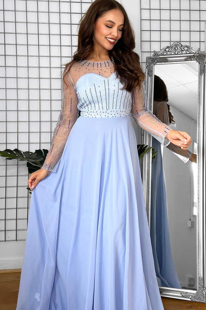Sheer Details Pale Blue Crystals Embellished Occasion Maxi Dress-SinglePrice