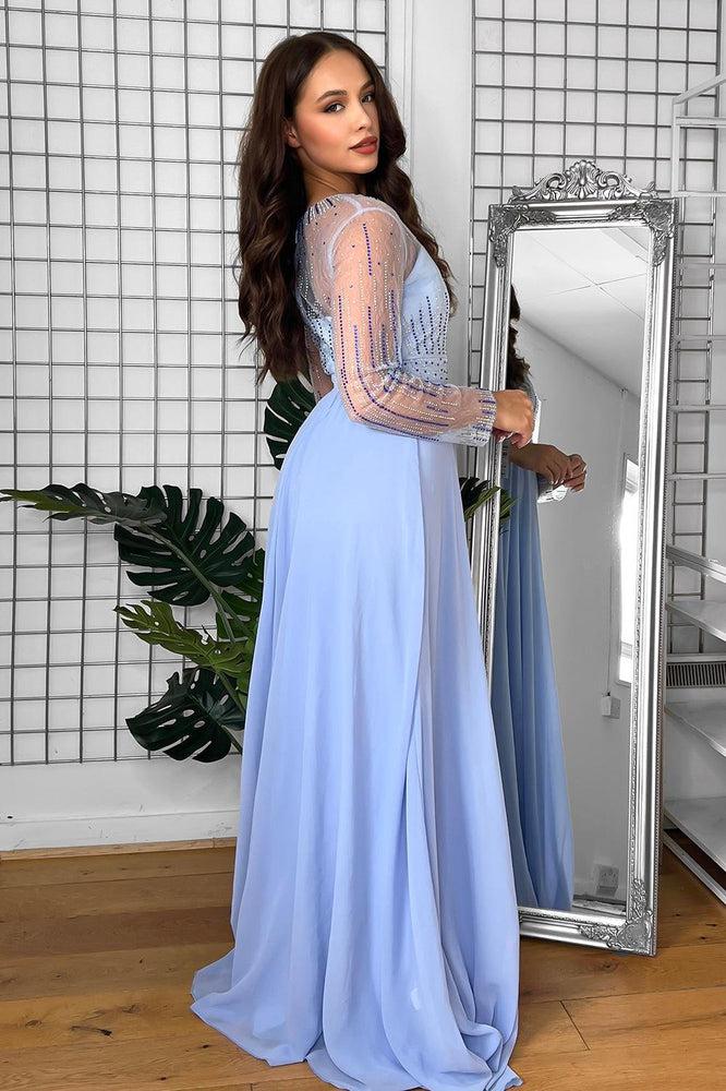 Sheer Details Pale Blue Crystals Embellished Occasion Maxi Dress-SinglePrice