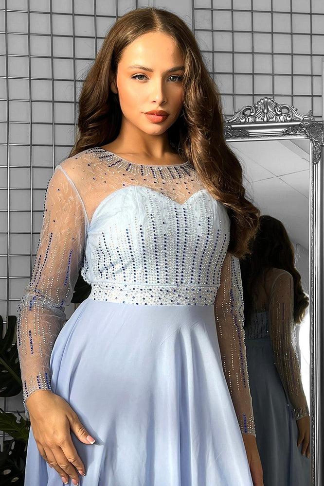 Sheer Details Pale Blue Crystals Embellished Occasion Maxi Dress-SinglePrice