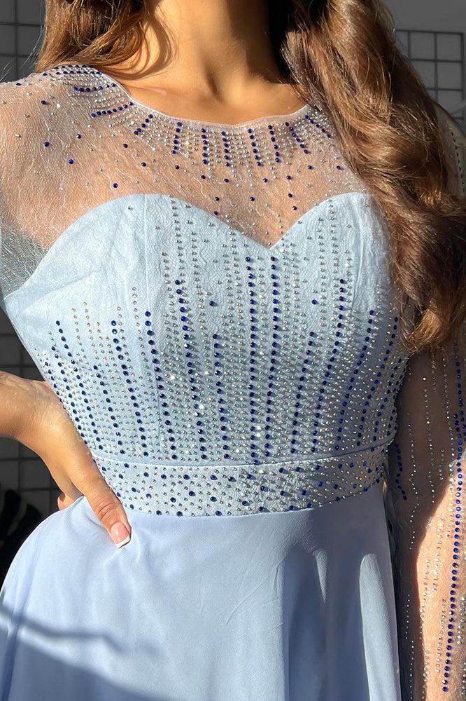Sheer Details Pale Blue Crystals Embellished Occasion Maxi Dress-SinglePrice