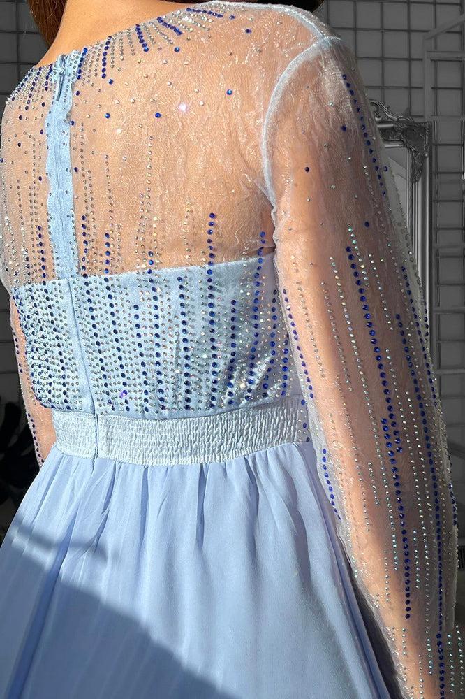 Sheer Details Pale Blue Crystals Embellished Occasion Maxi Dress-SinglePrice