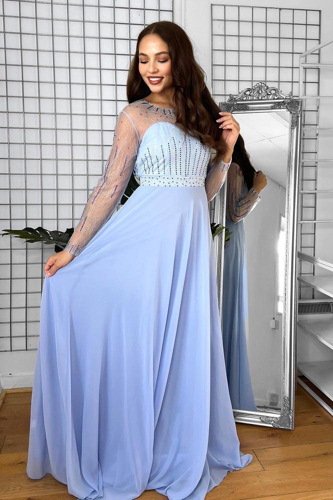 Sheer Details Pale Blue Crystals Embellished Occasion Maxi Dress-SinglePrice