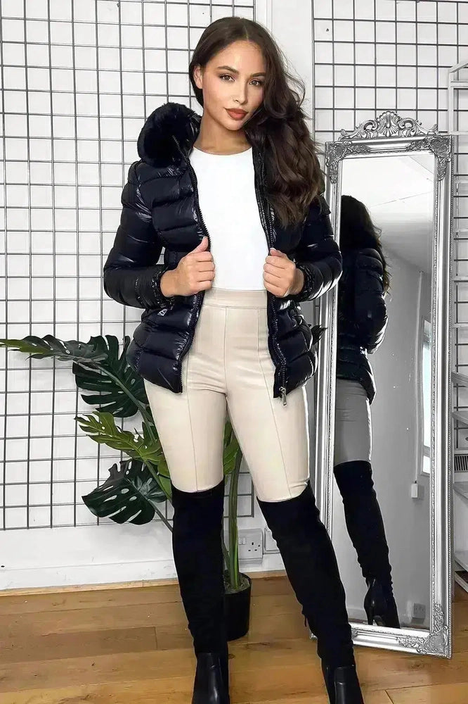 Black High Shine Quilt Faux Fur Trim Hood Padded Jacket-SinglePrice