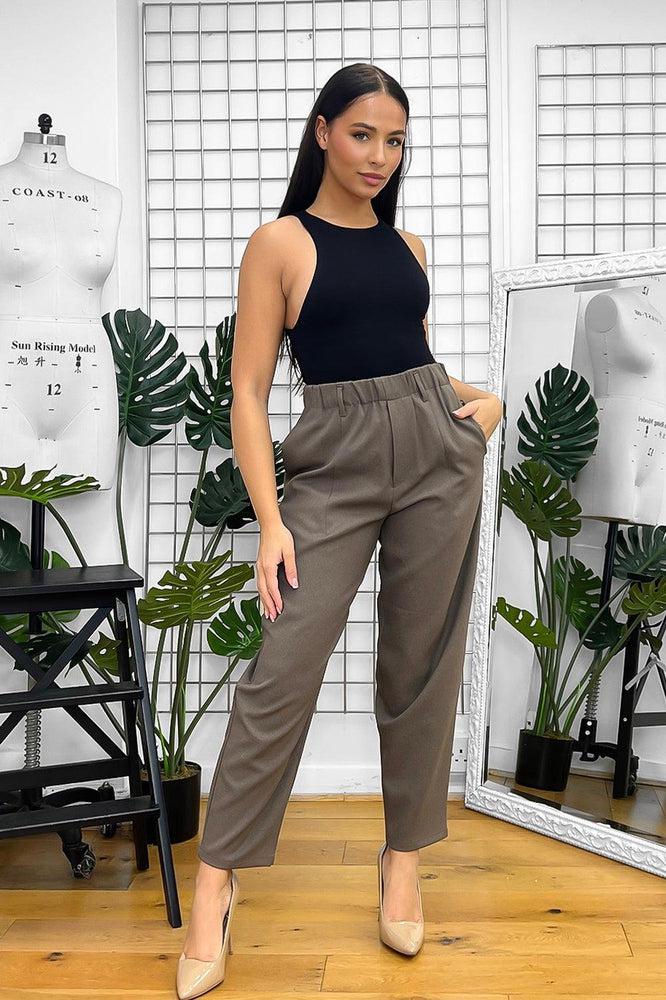 Taupe High Elastic Waist Trousers-SinglePrice