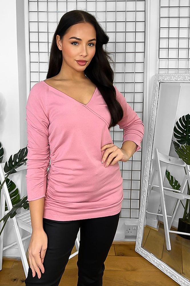 Pink Ruched Sleeves Deep V-Neck Top-SinglePrice