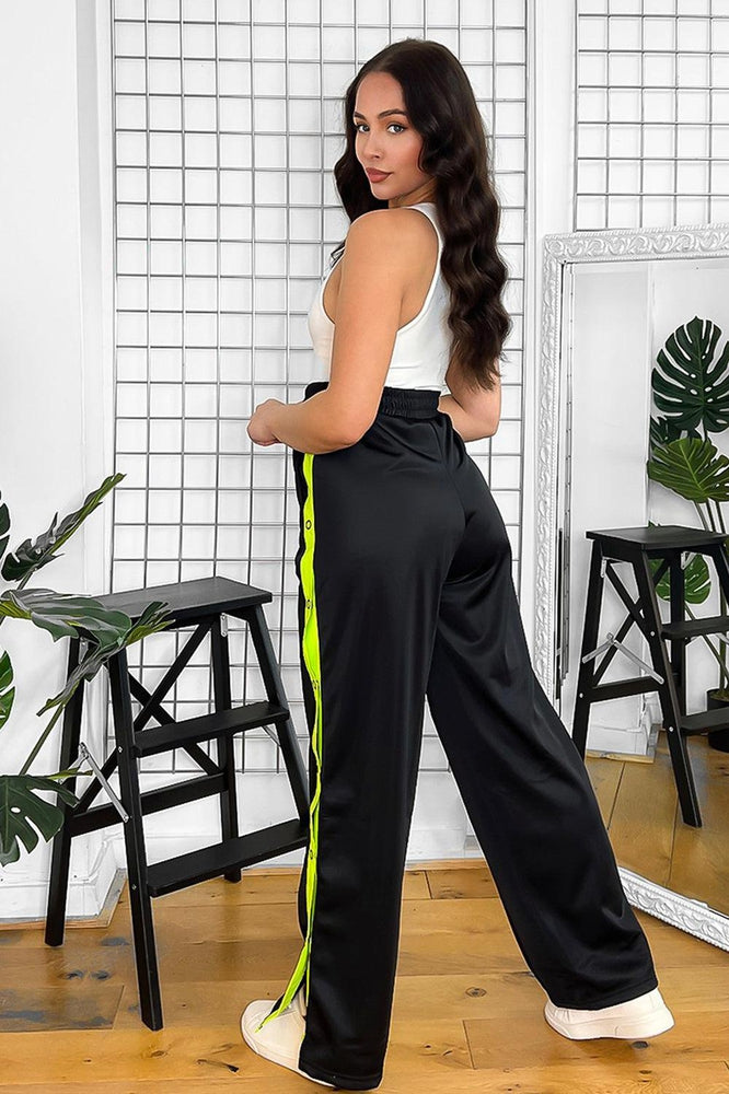 Black And Highlighter Yellow Popper Buttons Stripe Wide Leg Trousers-SinglePrice