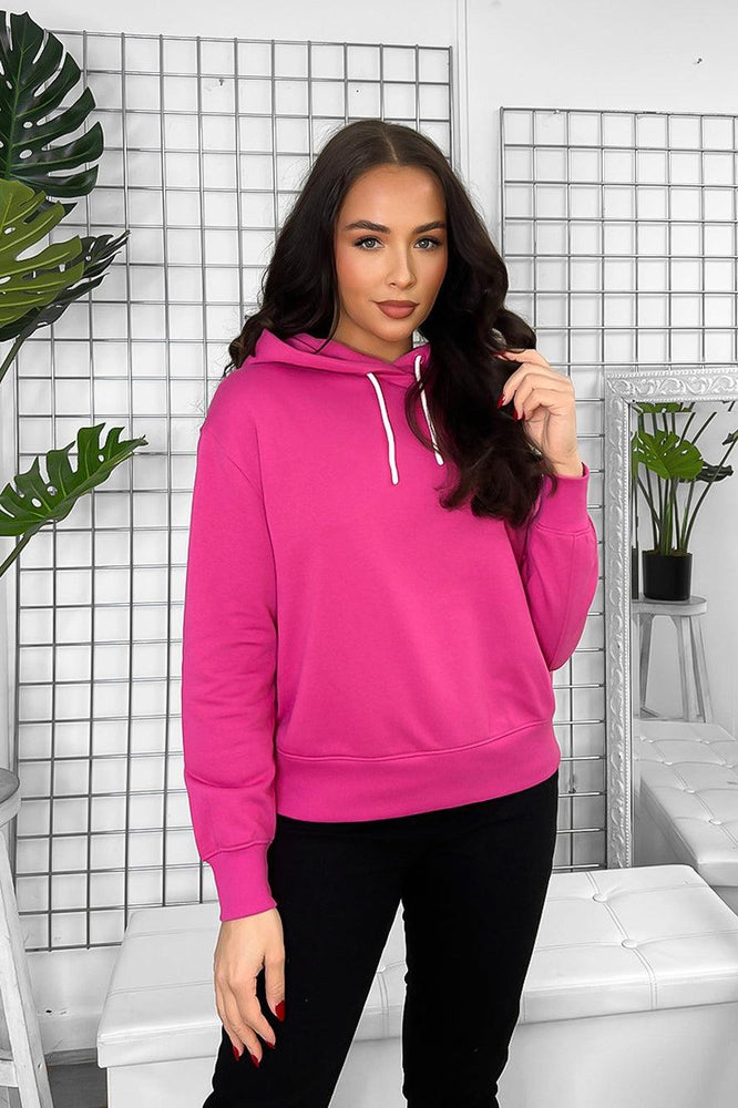 Fuchsia Cotton Blend Hoodie With Contrast String-SinglePrice