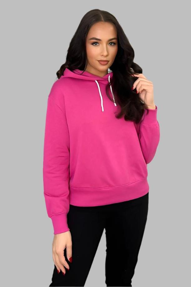 Fuchsia Cotton Blend Hoodie With Contrast String-SinglePrice