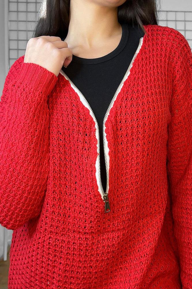 White Zip Neckline Net Knit Pullover-SinglePrice
