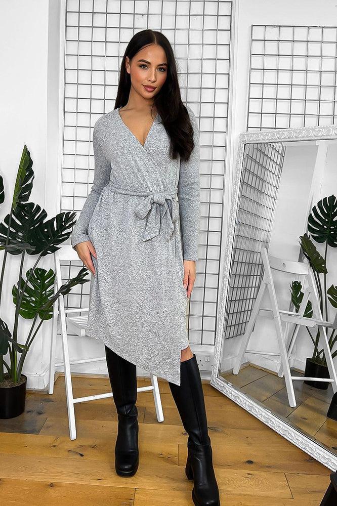 Asymmetric Hem Fixed Wrap Jersey Dress-SinglePrice