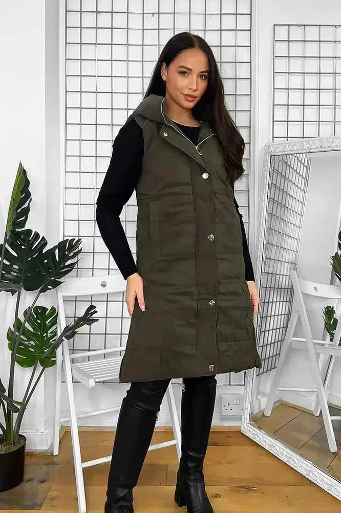 Attached Hood Popper Buttons Front Sleeveless Midi Gilet-SinglePrice