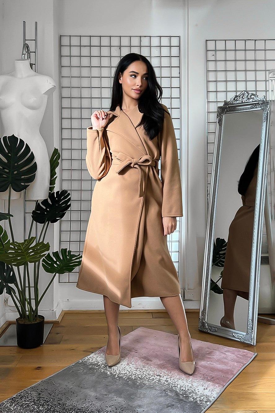 Solid Colour Self Tie Midi Classic Coat-SinglePrice