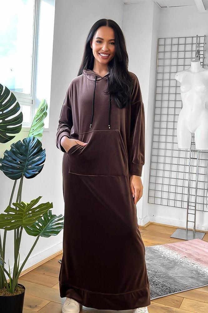 Hooded Kangaroo Pocket Velour Maxi Dress-SinglePrice