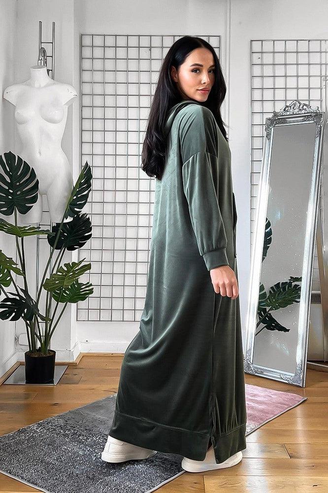 Hooded Kangaroo Pocket Velour Maxi Dress-SinglePrice