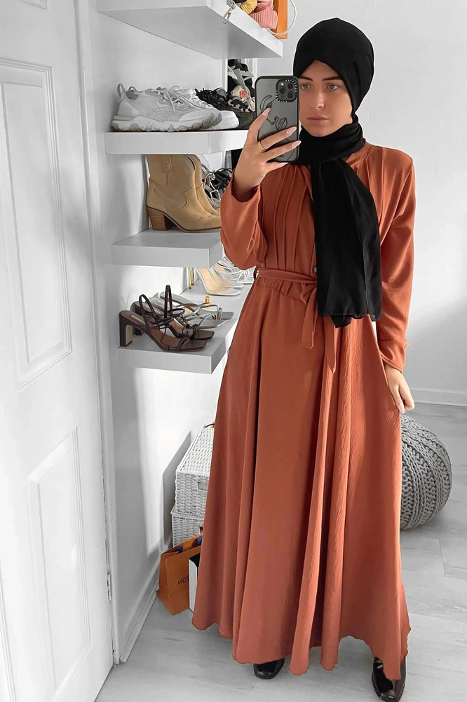 Button Down Front Pinned Pleat Modest Dress-SinglePrice