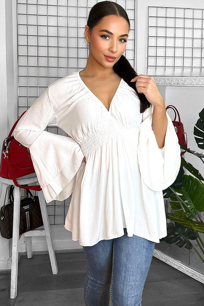 Shirrred Waist Deep V-Neck Blouse-SinglePrice