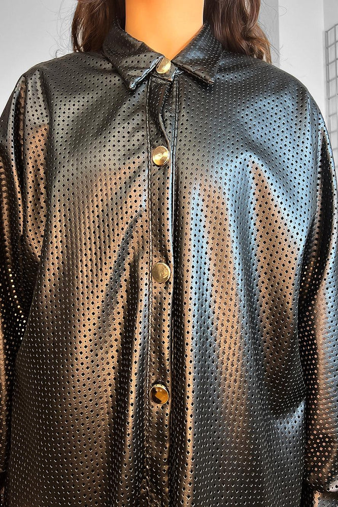Black Perforated Vegan Leather Jacket-SinglePrice