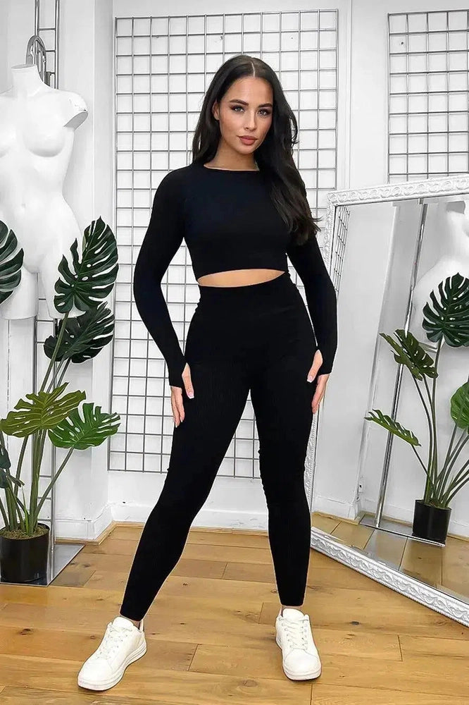 Stretchy Ribbed Fabric Long Sleeved Top And Leggings Set-SinglePrice