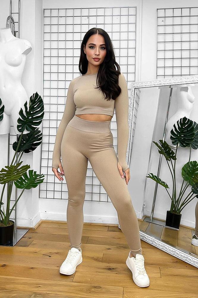 Stretchy Ribbed Fabric Long Sleeved Top And Leggings Set-SinglePrice