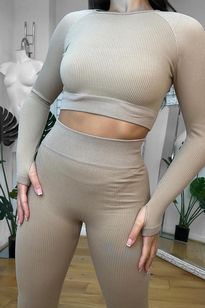 Stretchy Ribbed Fabric Long Sleeved Top And Leggings Set-SinglePrice