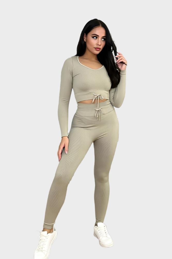 Beige High Waist Push Up Leggings And Crop Top Set-SinglePrice