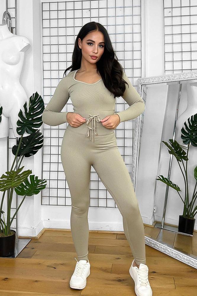 Beige High Waist Push Up Leggings And Crop Top Set-SinglePrice