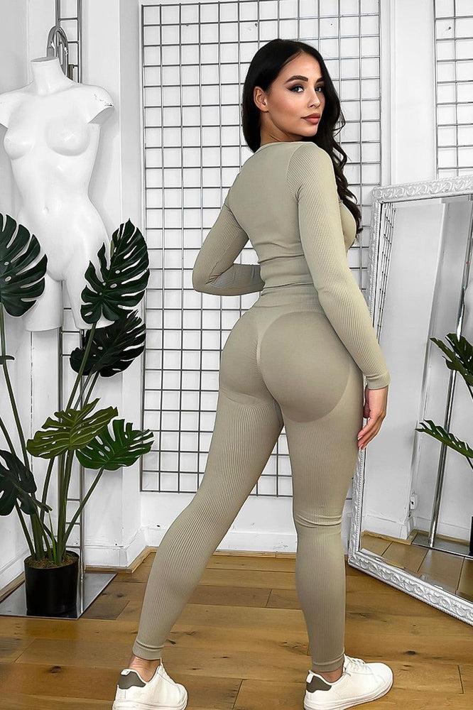 Beige High Waist Push Up Leggings And Crop Top Set-SinglePrice