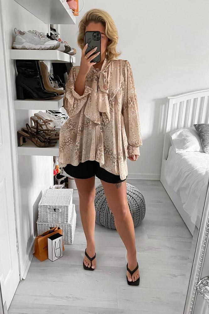 Mixed Print Pleated Chiffon Pussy Bow Blouse-SinglePrice
