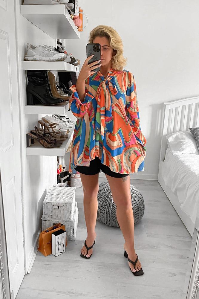 Mixed Print Pleated Chiffon Pussy Bow Blouse-SinglePrice