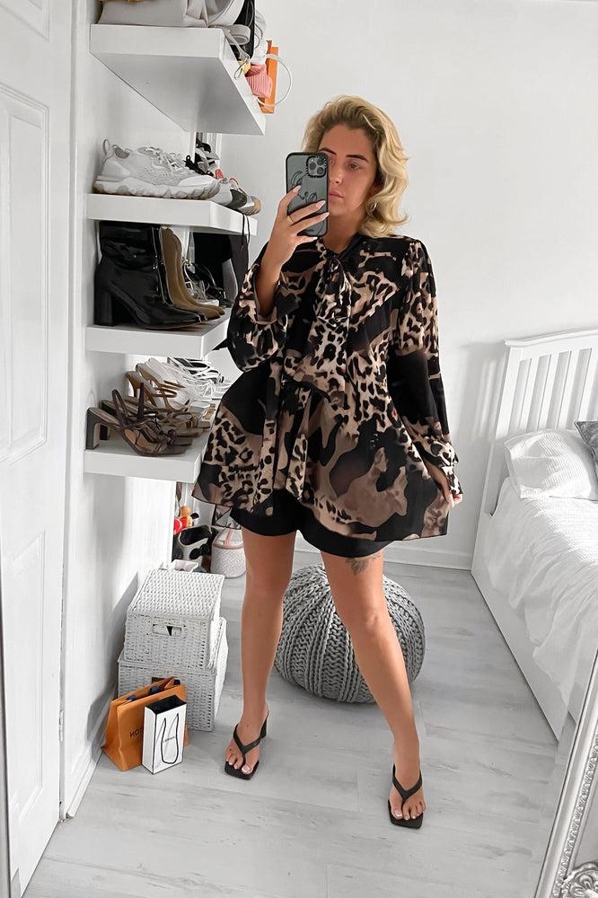 Mixed Print Pleated Chiffon Pussy Bow Blouse-SinglePrice