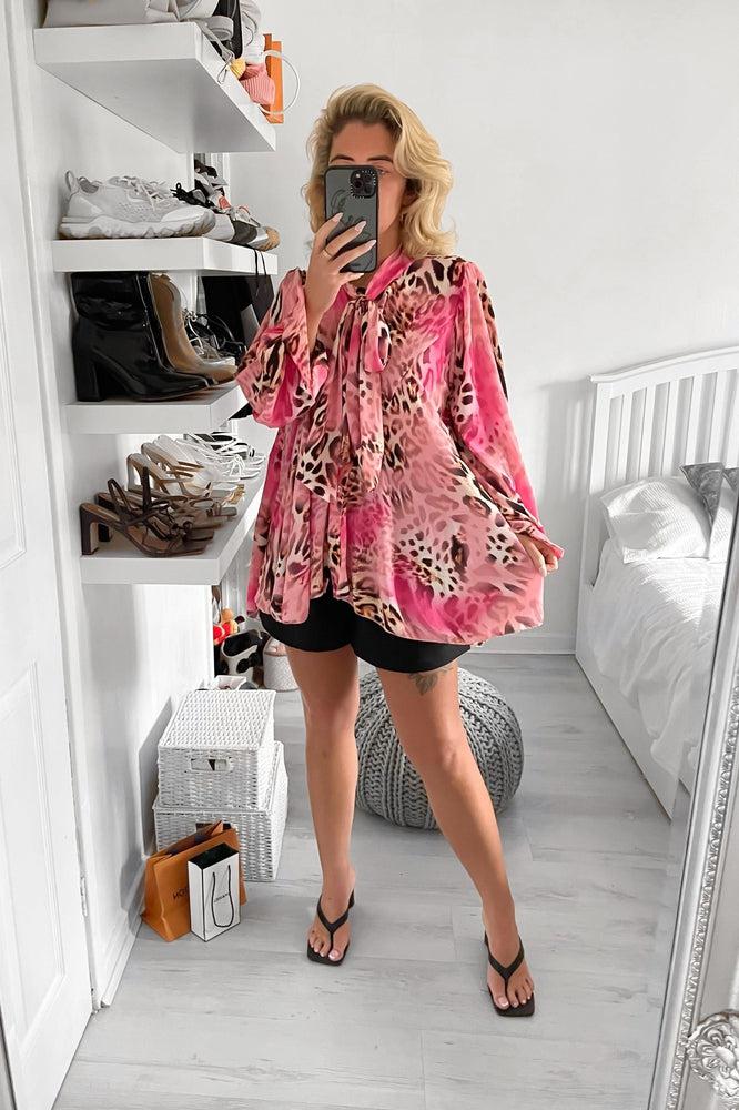 Mixed Print Pleated Chiffon Pussy Bow Blouse-SinglePrice