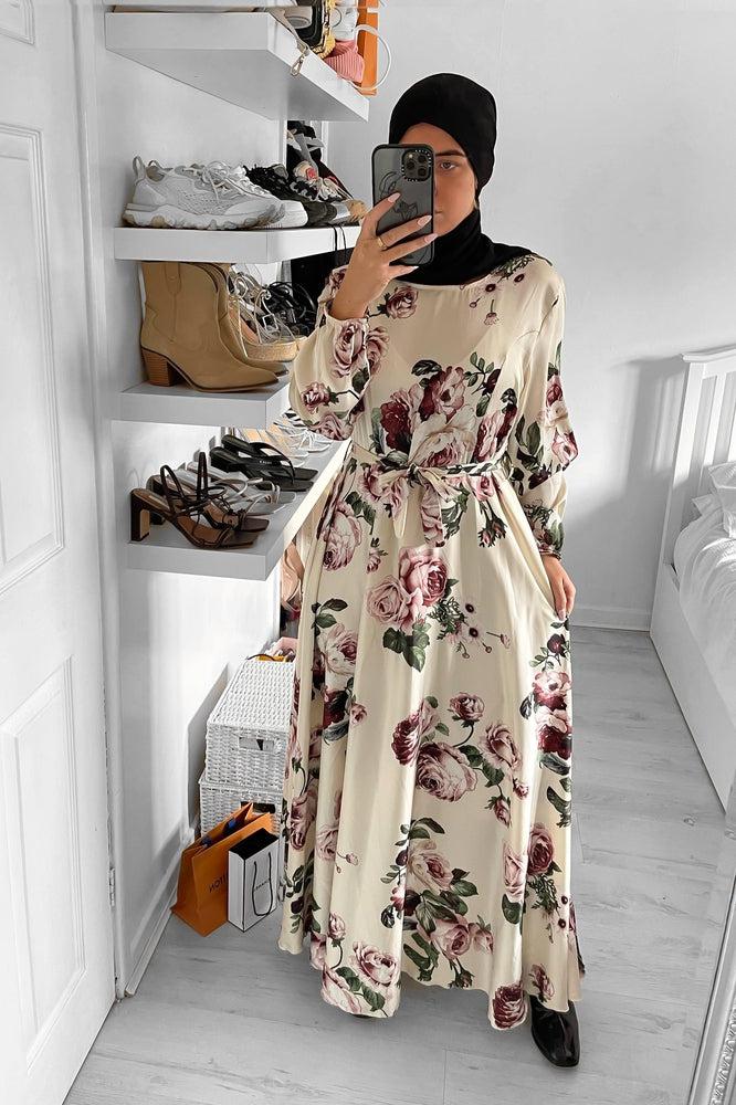 Floral Print Waist Tie Satin Modest Dress-SinglePrice